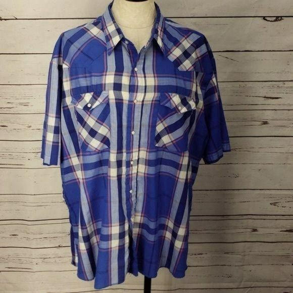Wrangler Men's XLong Tail Plaid Blue Pearl Button Up Short Sleeve Shirt Size XXL - Picture 13 of 13
